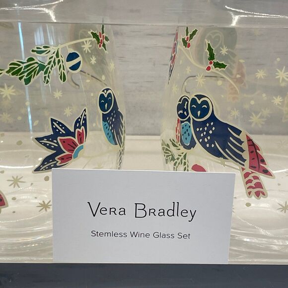 NEW Vera Bradley Holiday Owls Stemless Wine Glasses Set of 2 16oz. - Picture 2 of 7